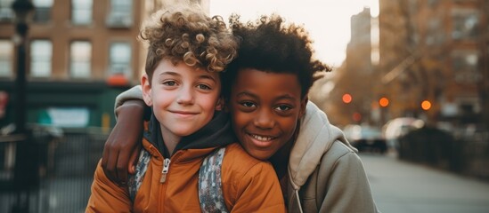 A Gen Z boy is warmly hugging his friend, showcasing inclusion, equality, and diversity in an urban setting. The two individuals appear close and comfortable in each others presence.