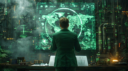 Businessman in a green suit strategizing with technology concept. Monitoring financial strategy for success in modern business world. Professional analyzing business trend navigating digital landscape