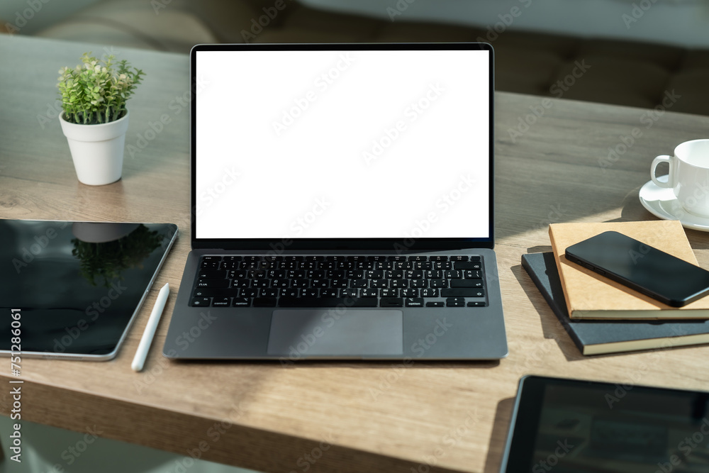 Poster laptop with blank screen on table. workspace background new project on laptop computer with blank co