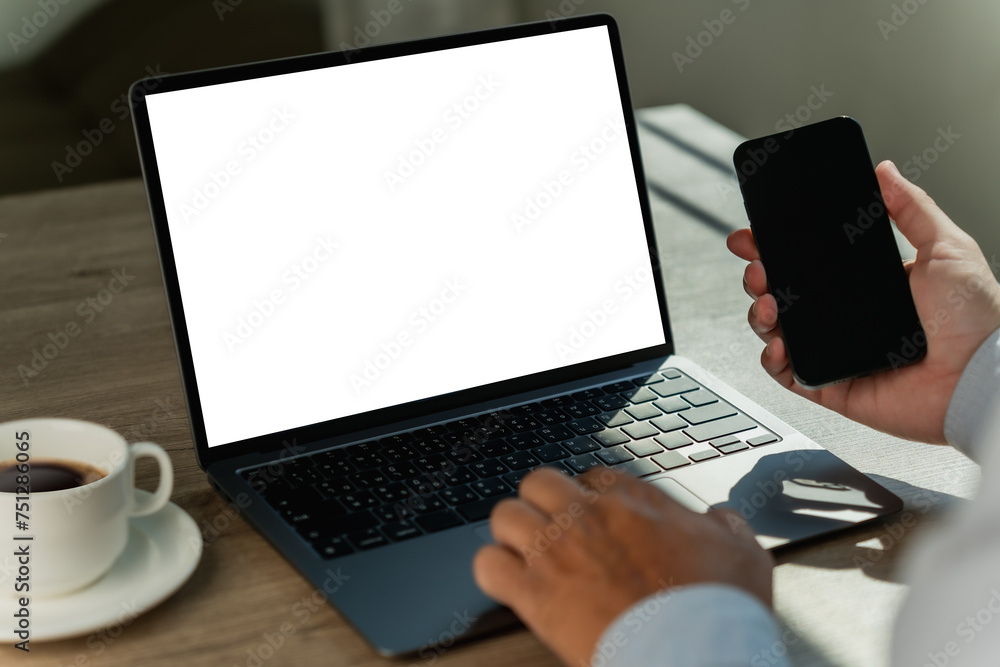 Poster mockup image blank screen computer mockup image of businessman marketing and design