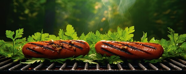 three hotdogs on a grill with a green leafy plant in the backgrouf of the grill in the foreground, and a green lawn in the background.