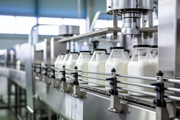 Automated bottling lines packaging milk in various containers. Generative AI
