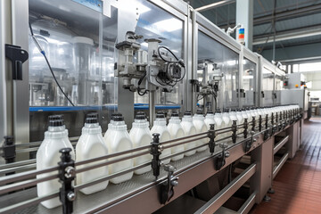 Row of automated bottling lines packaging milk in various containers. Generative AI