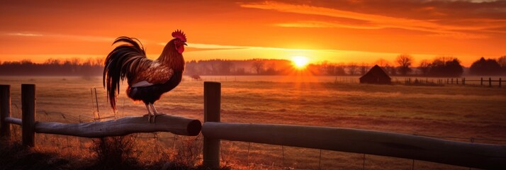 Sunrise on sky dawn background with silhouette of rooster crowing - obrazy, fototapety, plakaty