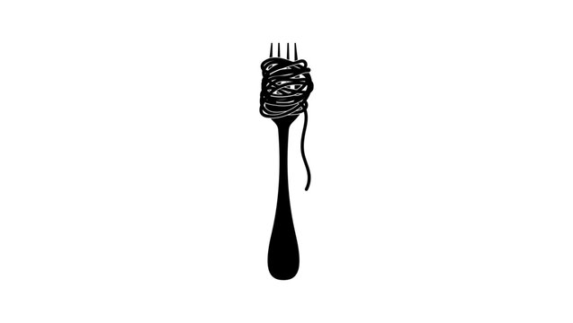 fork with pasta, black isolated silhouette