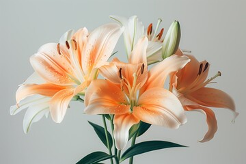 Elegant peach-colored lilies with soft focus background, ideal for Mother's Day greeting card design space or spring-themed visual content
