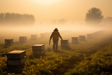 Farmer beekeeper navigating through a misty morning fog as they check on their beehives. Generative AI - obrazy, fototapety, plakaty