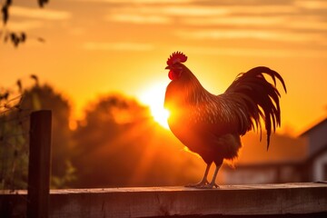 Sunrise on sky dawn background with silhouette of rooster crowing