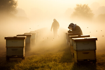 Beekeeper farmer navigating through a misty morning fog as they check on their beehives. Generative AI