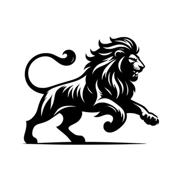 Black and white illustration of a lion. Majestic logo of a lion isolated on white background.