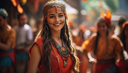 A woman with long hair is dressed in a vibrant headdress at a cultural festival celebrating diversity. She stands confidently, showcasing the elaborate headpiece and traditional attire