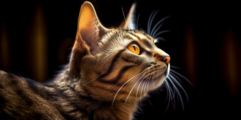 Majestic tabby cat with striking amber eyes in profile view