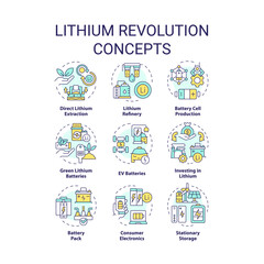Lithium revolution multi color concept icons. Battery manufacturing, usability. Efficiency energy solution. Icon pack. Vector images. Round shape illustrations for brochure, booklet. Abstract idea