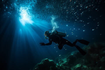 Diver on a night dive surrounded by bioluminescent plankton. Generative AI