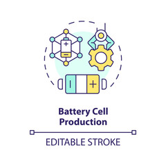 Battery cell production multi color concept icon. Lithium industry. Portable electronics manufacturing. Round shape line illustration. Abstract idea. Graphic design. Easy to use in brochure, booklet