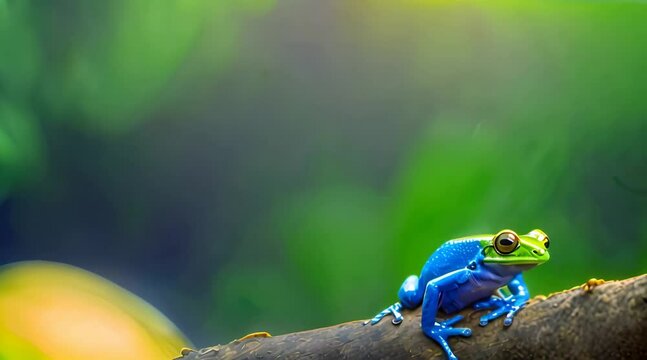 Amphibian toad or frog clinging to a tree branch in a tropical rainforest video. Bokeh blurred background.