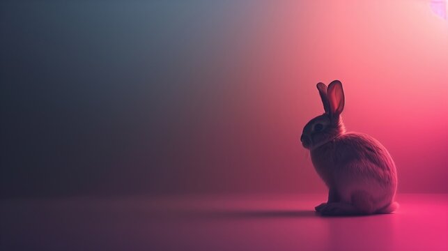Artistic silhouette of a rabbit against a gradient pink and purple background, suitable for Easter designs with ample space for text on the left