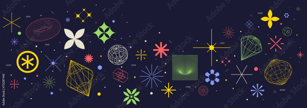 Poster Vector abstract background with color extraordinary graphic elements of different shapes, Collection of various form, labels, stickers inspired by brutalism, set basic figures