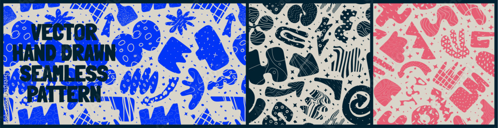 Aufkleber seamless pattern with bizarre abstract geometric unusual shapes and forms with different textures in