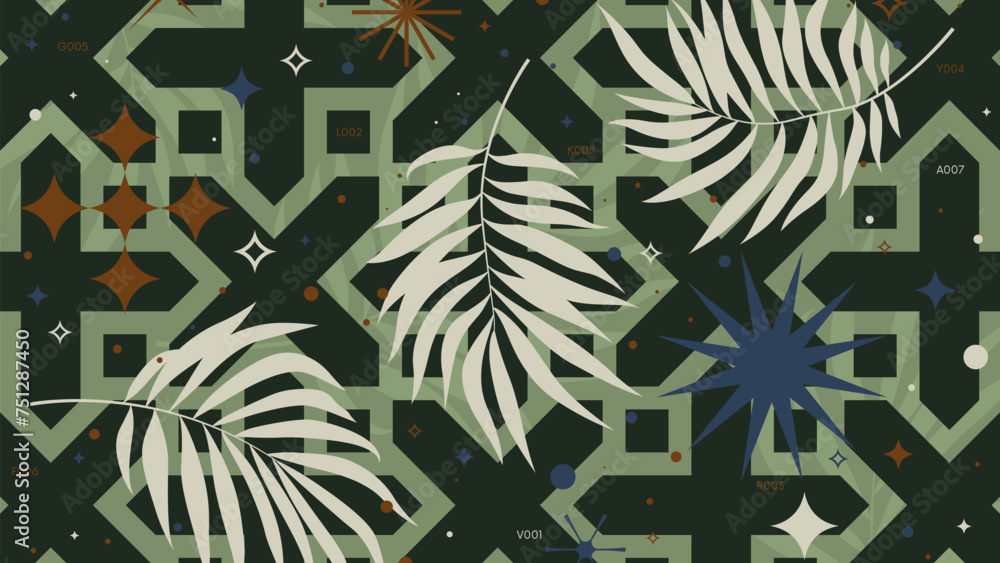 Poster abstract geometric background with a pattern of crosses and tropical leaves, brutalist artwork, full