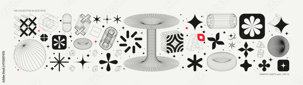 Poster Vector graphic assets set in acid style, retro futuristic background with wireframe elements of different forms, bold modern shapes for design template, poster, clothes, stickers in Y2k style set 2