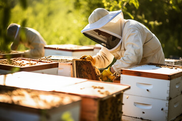 Man farmer checking the beehives in their apiary, surrounded by buzzing activity as the bees. Generative AI
