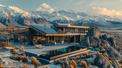 A bird's-eye view capturing the sophistication of a futuristic home with solar panels, set against a backdrop of snow-capped mountains, epitomizing eco-friendly luxury.