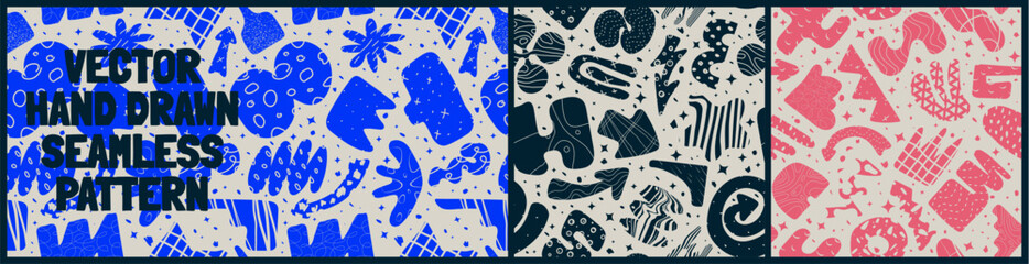 Seamless pattern with bizarre abstract geometric unusual shapes and forms with different textures in matisse style, Hand drawn naive vector wall art