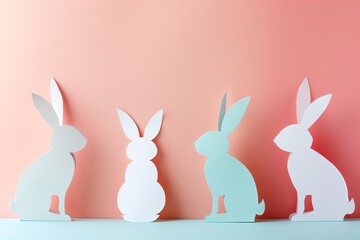 Pastel paper cut-out Easter bunnies on a pink to blue gradient background with ample copy space for text, ideal for seasonal holiday designs and greetings