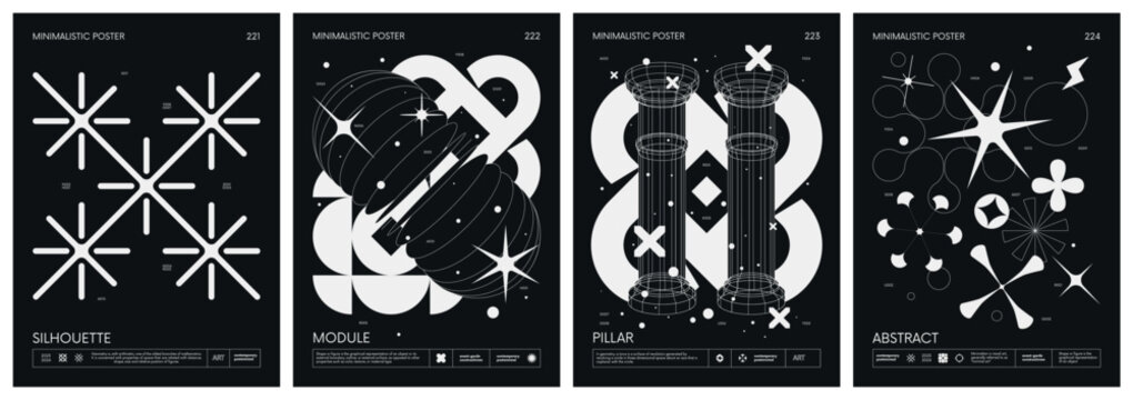 Black and White minimalistic Posters acid style with strange wireframes geometrical shapes and silhouette y2k basic figures, futuristic design inspired by brutalism, set 56