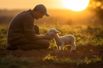 Farmer kneeling beside a newborn lamb in a sun-drenched pasture. Generative AI - obrazy, fototapety, plakaty