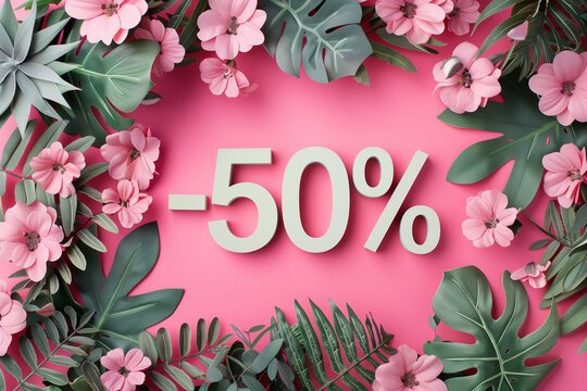 Top view of a floral discount promotion with a vibrant pink background.