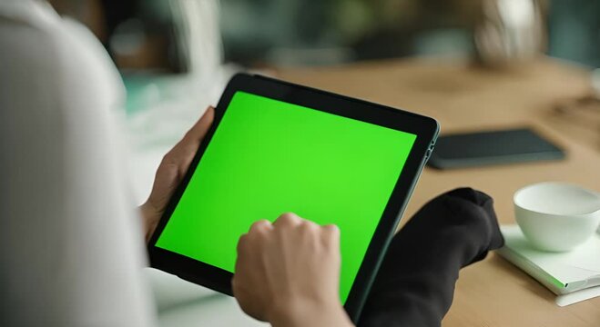 View of young woman's hand using tablet with green screen.
