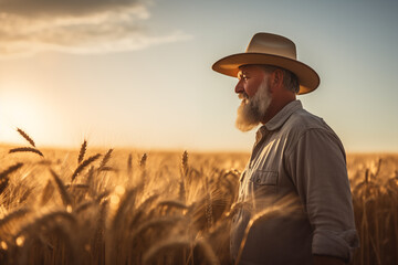 Farmer standing amidst a field of golden wheat. Generative AI