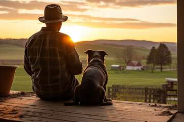 Farmer sharing a quiet moment with his faithful farm dog. Generative AI