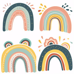 Set of Hand drawn Abstract Rainbows boho style vector illustration