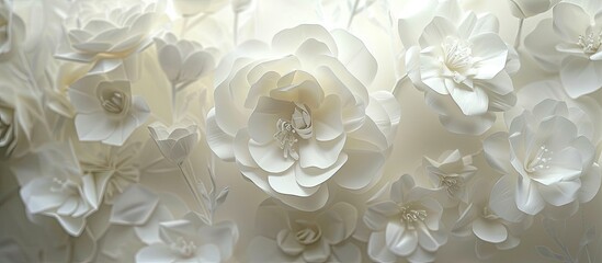 A detailed view of a white flower positioned on a curtain, showcasing the delicate petals contrasting against the fabrics texture.