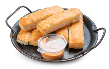 Cheese bread sticks with dipping cheese, Butter  bread sticks isolated on white background. Salted...