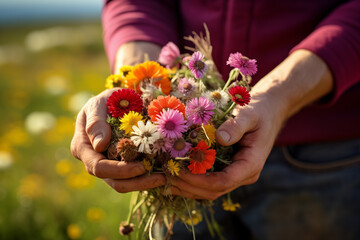 Farmer's hands cradling a handful of freshly picked wildflowers. Generative AI - obrazy, fototapety, plakaty