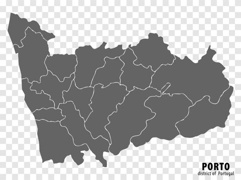 Map Porto District on transparent background. Porto District  map with  municipalities in gray for your web site design, logo, app, UI. Portugal. EPS10.