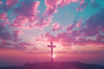 Serene Easter concept background with a cross silhouette against a vibrantly colored sunrise sky, ideal for holiday-themed designs with space for text