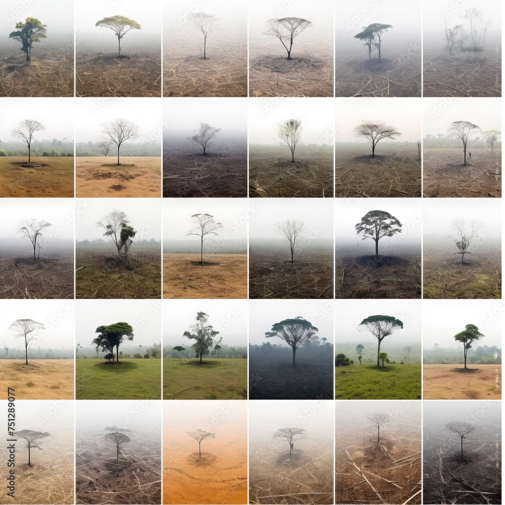 Poster a row of isolated trees of different species with different foliage colors and crown shapes, located