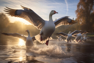Geese flock taking flight from a tranquil pond. Generative AI