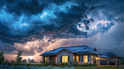 A dramatic storm rolling in over a smart home equipped with solar panels, highlighting the resilience and adaptability of renewable energy solutions. - obrazy, fototapety, plakaty