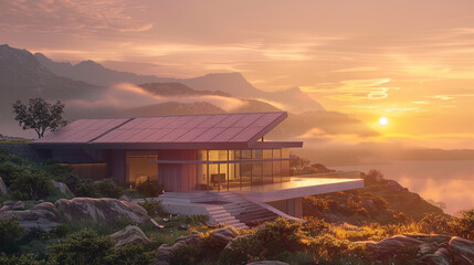 A dreamy sunrise scene featuring a contemporary residence adorned with solar panels, casting a warm glow over the landscape, heralding a new day in renewable living. - obrazy, fototapety, plakaty