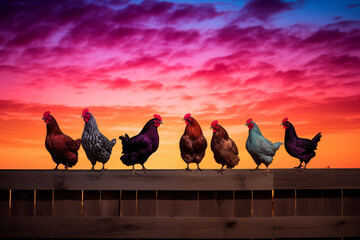 Fototapeta premium Group of chickens roosting on a wooden fence at sunset. Generative AI