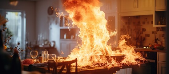 A fire explosion with red flames engulfing a kitchen, situated next to a dining room table, creating a dangerous and alarming situation. Safety measures need to be taken promptly to prevent further - obrazy, fototapety, plakaty