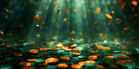 A green background with coins and the words money.
 - obrazy, fototapety, plakaty