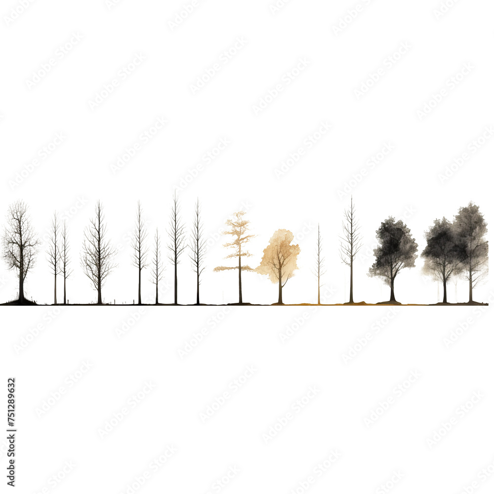 Poster a row of isolated trees of different species with different foliage colors and crown shapes, located