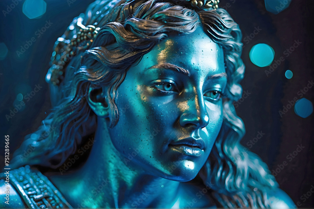 Wall mural Stone Statue of a Greek Goddess with Realistic Eyes Bathed in Cinematic Dark Blue Lighting